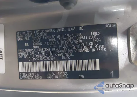 2007 Toyota Tundra Base 5.7L V8 из США, поврежденный, VIN 5TFMV52107X005691